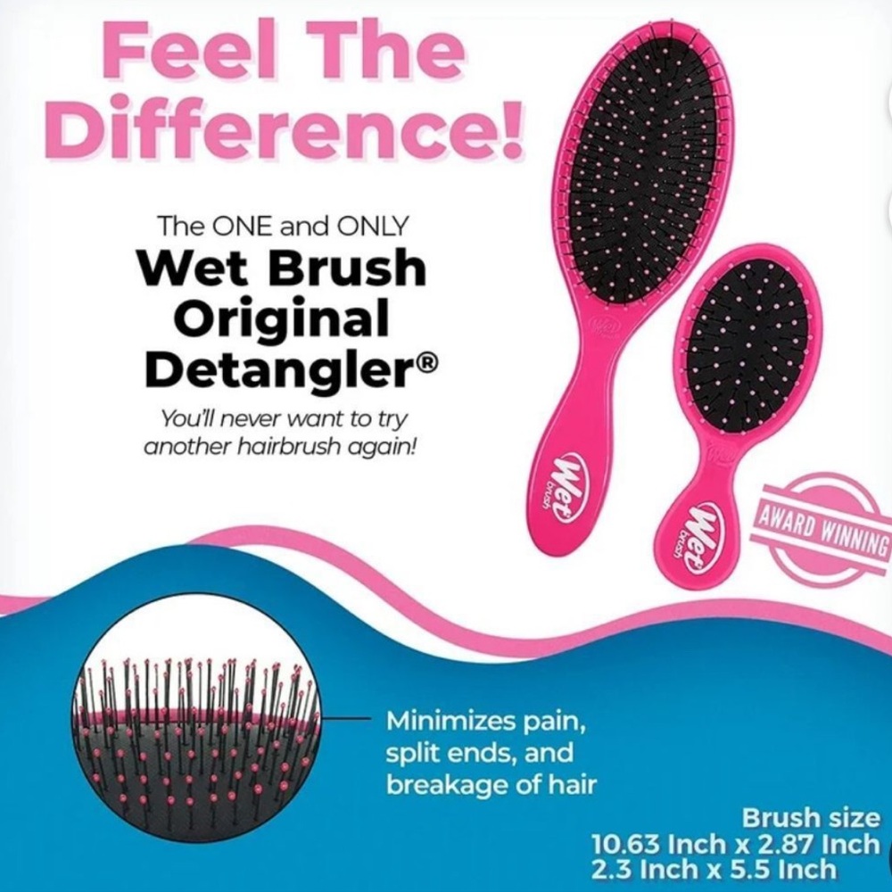 🎲 Wet Brush Detangling Hair Brush Set, Original Detangler & Mini Combo, Pink NEW - Picture 3 of 4
